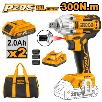 Ingco CIWLI2001 20V Cordless Brushless Li-Ion Impact Wrench (Set)
