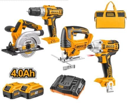 Ingco CKLI2010 20V Li-Ion Cordless 4pcs Combo Kit Drill,Driver,JIgsaw, Circular Saw