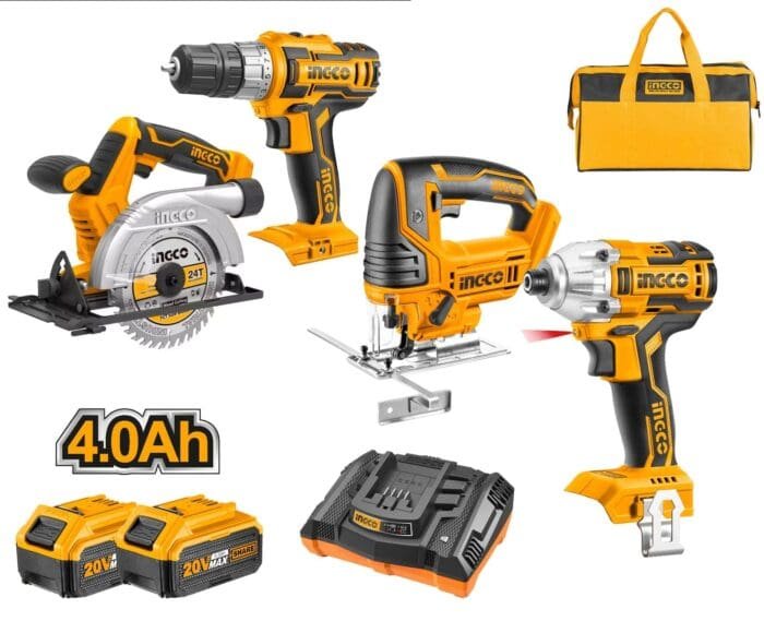 Ingco CKLI2010 20V Li-Ion Cordless 4pcs Combo Kit Drill,Driver,JIgsaw, Circular Saw