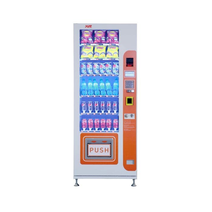 Snack and drink vending machine can be used to sell snacks and cold or room temperature beverages.