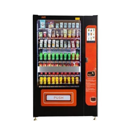 Snack and drink vending machine with lifting system can be used to sell snacks and cold or room temperature beverages